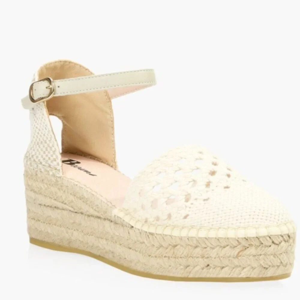 Browns Crochet Espadrille Sandal, cream Woven Fabric Jute Platform SZ 11 EU 41
